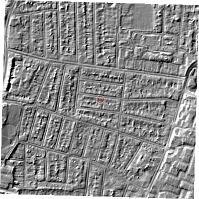 Shaded relief map of the ground around N90JR, computed from Environment Agency LiDAR. The ground here sits at about 12 m above sea level and falls 4 m across the surrounding 800 m. Surface water reaching this point runs off ground lying to the north-west, 1.2 m higher.