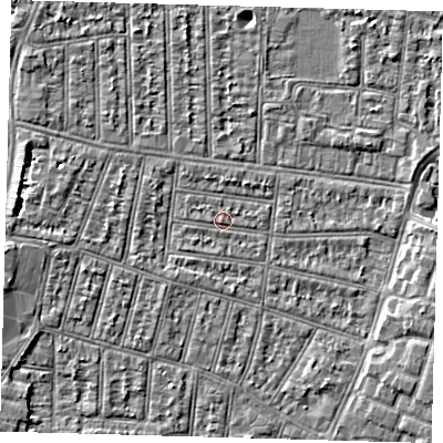 Shaded relief map of the ground around N90JS, computed from Environment Agency LiDAR. The ground here sits at about 12 m above sea level and falls 4 m across the surrounding 800 m. Surface water reaching this point runs off ground lying to the west-north-west, 0.6 m higher.