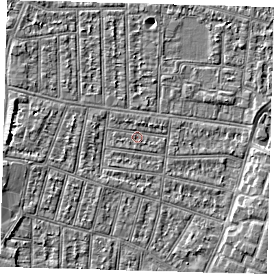 Shaded relief map of the ground around N90JU, computed from Environment Agency LiDAR. The ground here sits at about 12 m above sea level and falls 4 m across the surrounding 800 m. Surface water reaching this point runs off ground lying to the north-west, 1.0 m higher.