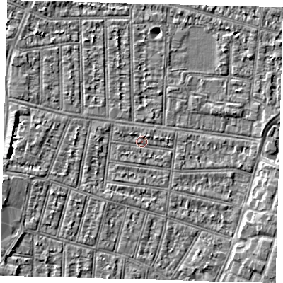 Shaded relief map of the ground around N90JX, computed from Environment Agency LiDAR. The ground here sits at about 12 m above sea level and falls 4 m across the surrounding 800 m. Surface water reaching this point runs off ground lying to the west-north-west, 1.0 m higher.
