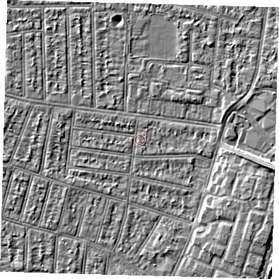 Shaded relief map of the ground around N90JY, computed from Environment Agency LiDAR. The ground here sits at about 12 m above sea level and falls 6 m across the surrounding 800 m. Surface water reaching this point runs off ground lying to the west-north-west, 1.3 m higher.