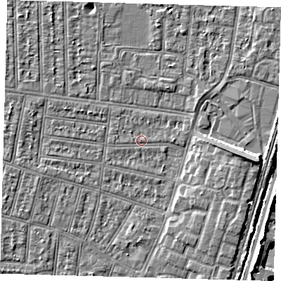 Shaded relief map of the ground around N90LA, computed from Environment Agency LiDAR. The ground here sits at about 12 m above sea level and falls 24 m across the surrounding 800 m. Surface water reaching this point runs off ground lying to the west-north-west, 1.5 m higher.