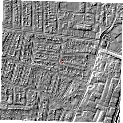 Shaded relief map of the ground around N90LB, computed from Environment Agency LiDAR. The ground here sits at about 12 m above sea level and falls 6 m across the surrounding 800 m. Surface water reaching this point runs off ground lying to the west, 1.0 m higher.