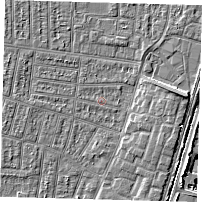 Shaded relief map of the ground around N90LD, computed from Environment Agency LiDAR. The ground here sits at about 12 m above sea level and falls 24 m across the surrounding 800 m. Surface water reaching this point runs off ground lying to the west, 0.8 m higher.