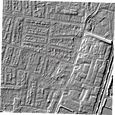 Shaded relief map of the ground around N90LE, computed from Environment Agency LiDAR. The ground here sits at about 12 m above sea level and falls 8 m across the surrounding 800 m. Surface water reaching this point runs off ground lying to the north-west, 0.9 m higher.