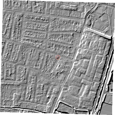 Shaded relief map of the ground around N90LG, computed from Environment Agency LiDAR. The ground here sits at about 12 m above sea level and falls 9 m across the surrounding 800 m. Surface water reaching this point runs off ground lying to the east-north-east, 6.7 m higher.