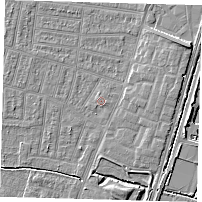 Shaded relief map of the ground around N90LH, computed from Environment Agency LiDAR. The ground here sits at about 12 m above sea level and falls 15 m across the surrounding 800 m. Surface water reaching this point runs off ground lying to the east-south-east, 0.7 m higher.