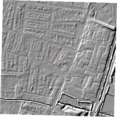 Shaded relief map of the ground around N90LJ, computed from Environment Agency LiDAR. The ground here sits at about 12 m above sea level and falls 9 m across the surrounding 800 m. Surface water reaching this point runs off ground lying to the east-north-east, 6.7 m higher.