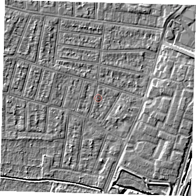 Shaded relief map of the ground around N90LL, computed from Environment Agency LiDAR. The ground here sits at about 12 m above sea level and falls 7 m across the surrounding 800 m. Surface water reaching this point runs off ground lying to the north-north-east, 0.6 m higher.