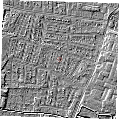 Shaded relief map of the ground around N90LN, computed from Environment Agency LiDAR. The ground here sits at about 12 m above sea level and falls 5 m across the surrounding 800 m. Surface water reaching this point runs off ground lying to the north-west, 1.3 m higher.