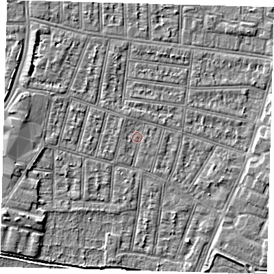 Shaded relief map of the ground around N90LP, computed from Environment Agency LiDAR. The ground here sits at about 12 m above sea level and falls 5 m across the surrounding 800 m. Surface water reaching this point runs off ground lying to the north-west, 0.7 m higher.