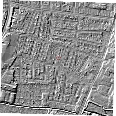 Shaded relief map of the ground around N90LQ, computed from Environment Agency LiDAR. The ground here sits at about 12 m above sea level and falls 5 m across the surrounding 800 m. Surface water reaching this point runs off ground lying to the west-north-west, 2.8 m higher.