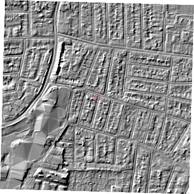 Shaded relief map of the ground around N90LR, computed from Environment Agency LiDAR. The ground here sits at about 13 m above sea level and falls 4 m across the surrounding 800 m. Surface water reaching this point runs off ground lying to the west-north-west, 1.7 m higher.
