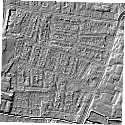 Shaded relief map of the ground around N90LT, computed from Environment Agency LiDAR. The ground here sits at about 12 m above sea level and falls 5 m across the surrounding 800 m. The ground contributing surface water to this point lies to the north-north-west.