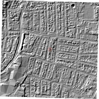 Shaded relief map of the ground around N90LU, computed from Environment Agency LiDAR. The ground here sits at about 13 m above sea level and falls 5 m across the surrounding 800 m. The ground contributing surface water to this point lies to the north-east.