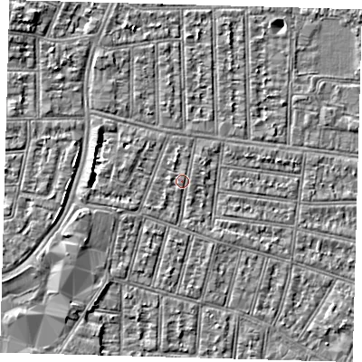 Shaded relief map of the ground around N90LX, computed from Environment Agency LiDAR. The ground here sits at about 13 m above sea level and falls 5 m across the surrounding 800 m. Surface water reaching this point runs off ground lying to the north-north-west, 1.0 m higher.