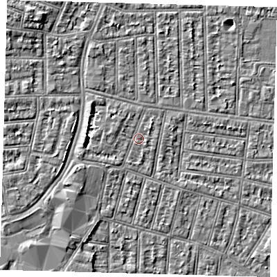 Shaded relief map of the ground around N90LY, computed from Environment Agency LiDAR. The ground here sits at about 13 m above sea level and falls 5 m across the surrounding 800 m. Surface water reaching this point runs off ground lying to the east-south-east, 0.8 m higher.