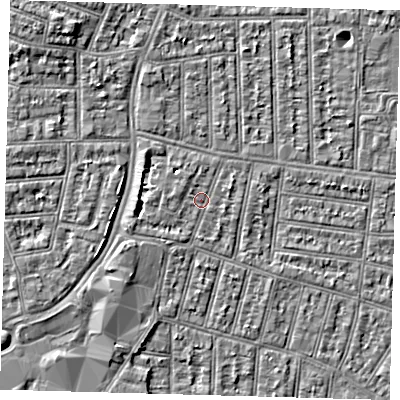 Shaded relief map of the ground around N90NA, computed from Environment Agency LiDAR. The ground here sits at about 13 m above sea level and falls 5 m across the surrounding 800 m. Surface water reaching this point runs off ground lying to the north-west, 0.8 m higher.