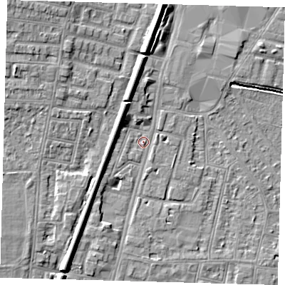 Shaded relief map of the ground around N90NU, computed from Environment Agency LiDAR. The ground here sits at about 13 m above sea level and falls 9 m across the surrounding 800 m. Surface water reaching this point runs off ground lying to the north, 6.3 m higher.