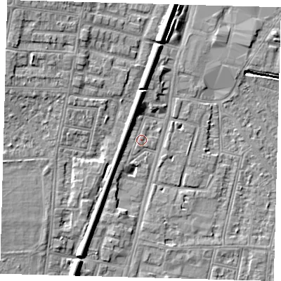 Shaded relief map of the ground around N90PA, computed from Environment Agency LiDAR. The ground here sits at about 13 m above sea level and falls 9 m across the surrounding 800 m. Surface water reaching this point runs off ground lying to the north-west, 4.4 m higher.