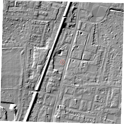 Shaded relief map of the ground around N90PD, computed from Environment Agency LiDAR. The ground here sits at about 13 m above sea level and falls 9 m across the surrounding 800 m. Surface water reaching this point runs off ground lying to the south-west, 5.2 m higher.