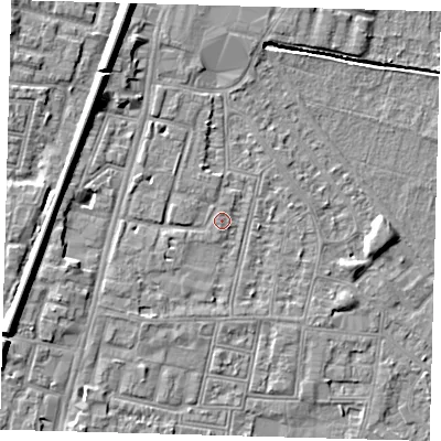 Shaded relief map of the ground around N90PF, computed from Environment Agency LiDAR. The ground here sits at about 13 m above sea level and falls 9 m across the surrounding 800 m. Surface water reaching this point runs off ground lying to the north-north-west, 7.4 m higher.