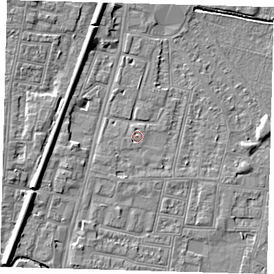 Shaded relief map of the ground around N90PT, computed from Environment Agency LiDAR. The ground here sits at about 13 m above sea level and falls 9 m across the surrounding 800 m. Surface water reaching this point runs off ground lying to the north-north-east, 0.8 m higher.