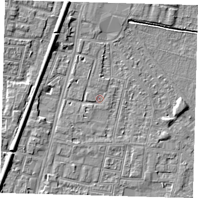 Shaded relief map of the ground around N90PU, computed from Environment Agency LiDAR. The ground here sits at about 12 m above sea level and falls 9 m across the surrounding 800 m. Surface water reaching this point runs off ground lying to the north-north-west, 7.4 m higher.