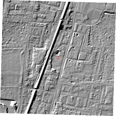 Shaded relief map of the ground around N90PZ, computed from Environment Agency LiDAR. The ground here sits at about 13 m above sea level and falls 9 m across the surrounding 800 m. Surface water reaching this point runs off ground lying to the south-west, 6.5 m higher.