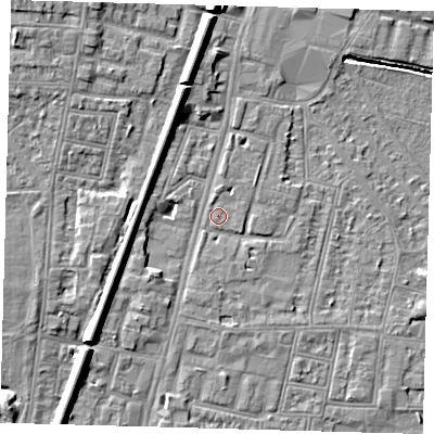 Shaded relief map of the ground around N90QA, computed from Environment Agency LiDAR. The ground here sits at about 13 m above sea level and falls 9 m across the surrounding 800 m. Surface water reaching this point runs off ground lying to the north, 7.4 m higher.