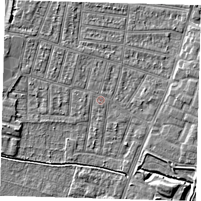 Shaded relief map of the ground around N90RE, computed from Environment Agency LiDAR. The ground here sits at about 12 m above sea level and falls 6 m across the surrounding 800 m. Surface water reaching this point runs off ground lying to the west-north-west, 2.9 m higher.