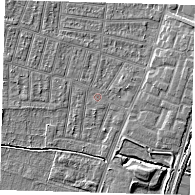 Shaded relief map of the ground around N90RF, computed from Environment Agency LiDAR. The ground here sits at about 12 m above sea level and falls 6 m across the surrounding 800 m. Surface water reaching this point runs off ground lying to the north-west, 2.2 m higher.