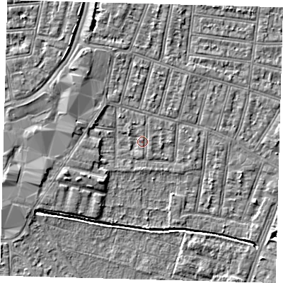 Shaded relief map of the ground around N90RH, computed from Environment Agency LiDAR. The ground here sits at about 13 m above sea level and falls 5 m across the surrounding 800 m. Surface water reaching this point runs off ground lying to the north-west, 1.3 m higher.