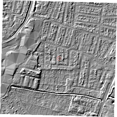 Shaded relief map of the ground around N90RJ, computed from Environment Agency LiDAR. The ground here sits at about 13 m above sea level and falls 5 m across the surrounding 800 m. Surface water reaching this point runs off ground lying to the south, 0.5 m higher.