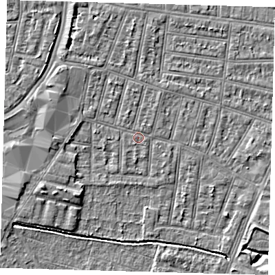 Shaded relief map of the ground around N90RL, computed from Environment Agency LiDAR. The ground here sits at about 12 m above sea level and falls 5 m across the surrounding 800 m. Surface water reaching this point runs off ground lying to the west-north-west, 2.5 m higher.