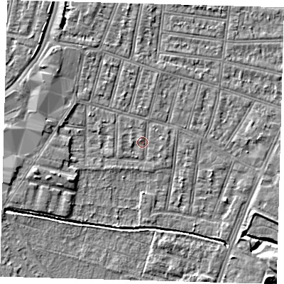 Shaded relief map of the ground around N90RN, computed from Environment Agency LiDAR. The ground here sits at about 12 m above sea level and falls 6 m across the surrounding 800 m. Surface water reaching this point runs off ground lying to the west-south-west, 3.0 m higher.