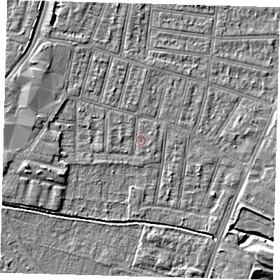 Shaded relief map of the ground around N90RP, computed from Environment Agency LiDAR. The ground here sits at about 12 m above sea level and falls 6 m across the surrounding 800 m. Surface water reaching this point runs off ground lying to the west-south-west, 3.0 m higher.