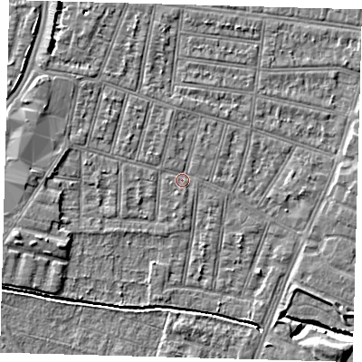 Shaded relief map of the ground around N90RR, computed from Environment Agency LiDAR. The ground here sits at about 12 m above sea level and falls 6 m across the surrounding 800 m. Surface water reaching this point runs off ground lying to the west-south-west, 3.0 m higher.