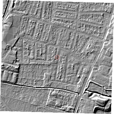 Shaded relief map of the ground around N90RS, computed from Environment Agency LiDAR. The ground here sits at about 12 m above sea level and falls 6 m across the surrounding 800 m. Surface water reaching this point runs off ground lying to the north-west, 0.7 m higher.