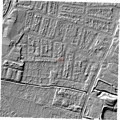 Shaded relief map of the ground around N90RT, computed from Environment Agency LiDAR. The ground here sits at about 12 m above sea level and falls 6 m across the surrounding 800 m. Surface water reaching this point runs off ground lying to the west, 0.6 m higher.