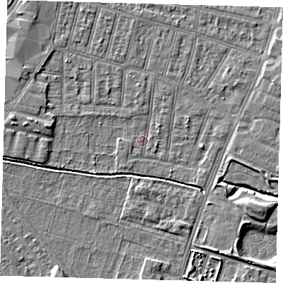 Shaded relief map of the ground around N90RU, computed from Environment Agency LiDAR. The ground here sits at about 12 m above sea level and falls 6 m across the surrounding 800 m. Surface water reaching this point runs off ground lying to the north, 1.1 m higher.