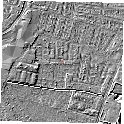 Shaded relief map of the ground around N90RW, computed from Environment Agency LiDAR. The ground here sits at about 12 m above sea level and falls 5 m across the surrounding 800 m. Surface water reaching this point runs off ground lying to the west, 3.0 m higher.