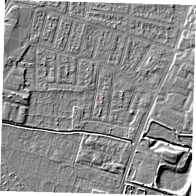 Shaded relief map of the ground around N90RX, computed from Environment Agency LiDAR. The ground here sits at about 12 m above sea level and falls 6 m across the surrounding 800 m. Surface water reaching this point runs off ground lying to the north-north-west, 1.1 m higher.