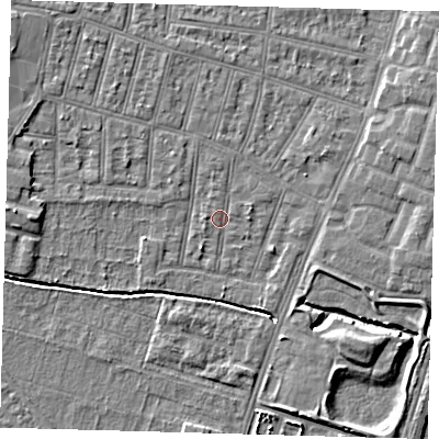 Shaded relief map of the ground around N90RY, computed from Environment Agency LiDAR. The ground here sits at about 12 m above sea level and falls 6 m across the surrounding 800 m. Surface water reaching this point runs off ground lying to the south-south-west, 1.7 m higher.