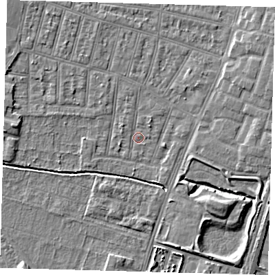 Shaded relief map of the ground around N90SA, computed from Environment Agency LiDAR. The ground here sits at about 11 m above sea level and falls 6 m across the surrounding 800 m. Surface water reaching this point runs off ground lying to the west-south-west, 1.7 m higher.