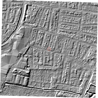Shaded relief map of the ground around N90SB, computed from Environment Agency LiDAR. The ground here sits at about 12 m above sea level and falls 5 m across the surrounding 800 m. Surface water reaching this point runs off ground lying to the west-north-west, 2.5 m higher.