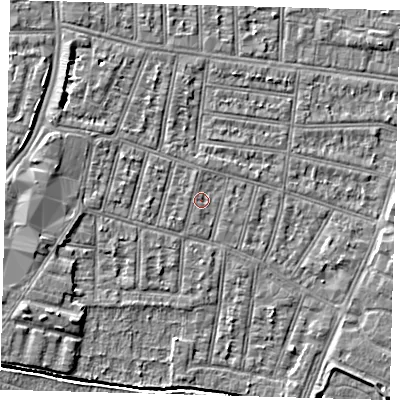 Shaded relief map of the ground around N90SE, computed from Environment Agency LiDAR. The ground here sits at about 12 m above sea level and falls 5 m across the surrounding 800 m. Surface water reaching this point runs off ground lying to the north, 0.6 m higher.
