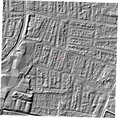 Shaded relief map of the ground around N90SG, computed from Environment Agency LiDAR. The ground here sits at about 13 m above sea level and falls 5 m across the surrounding 800 m. Surface water reaching this point runs off ground lying to the west-north-west, 2.0 m higher.