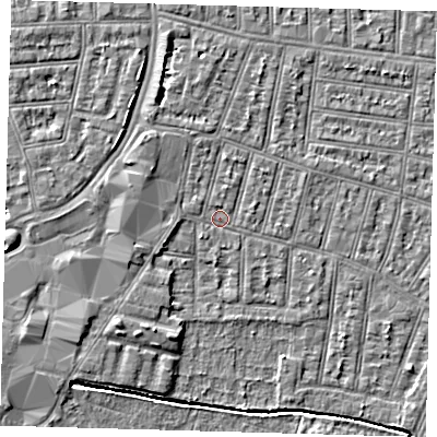 Shaded relief map of the ground around N90SJ, computed from Environment Agency LiDAR. The ground here sits at about 13 m above sea level and falls 6 m across the surrounding 800 m. Surface water reaching this point runs off ground lying to the north-west, 2.2 m higher.