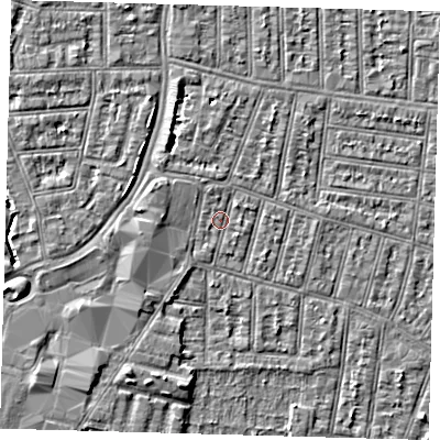 Shaded relief map of the ground around N90SL, computed from Environment Agency LiDAR. The ground here sits at about 13 m above sea level and falls 5 m across the surrounding 800 m. Surface water reaching this point runs off ground lying to the west, 2.0 m higher.